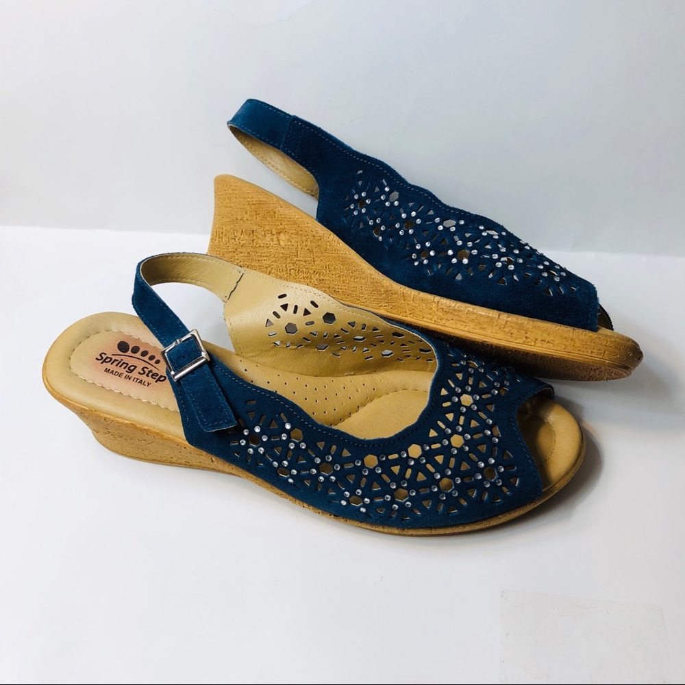 Spring Step Sandals Blue Cork Rhinestones Size 42